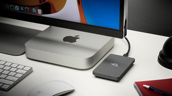 OWC Envoy Pro FX external SSD on a desktop by a Mac mini